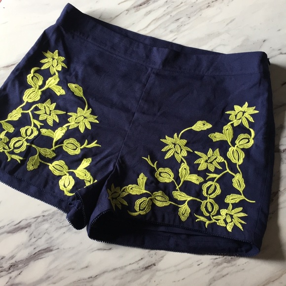 Pants - 🍊Navy Shorts with Lime Green Floral Embroidery